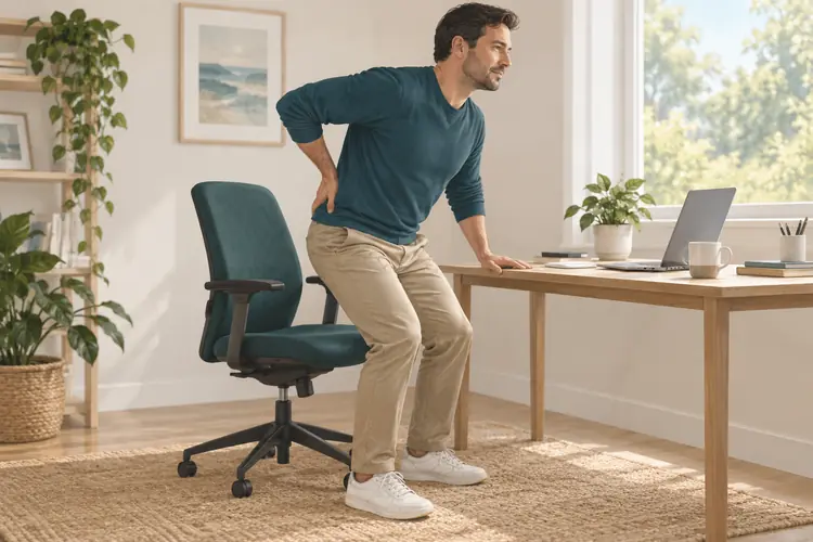 Illustration of an adult rising from a desk chair with a hand on their lower back.