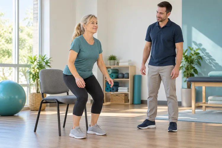 Illustration of a woman practising a sit-to-stand movement with a physiotherapist nearby.