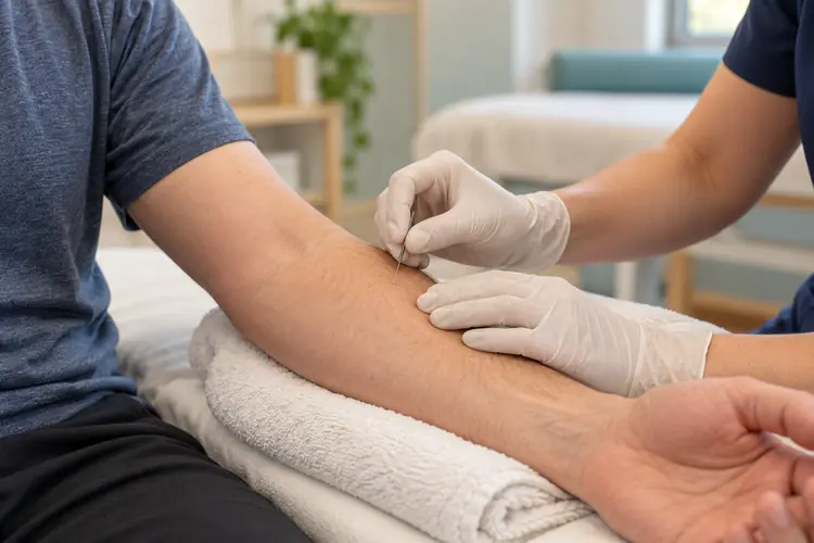 Illustration of dry needling treatment on an arm supported by a towel.