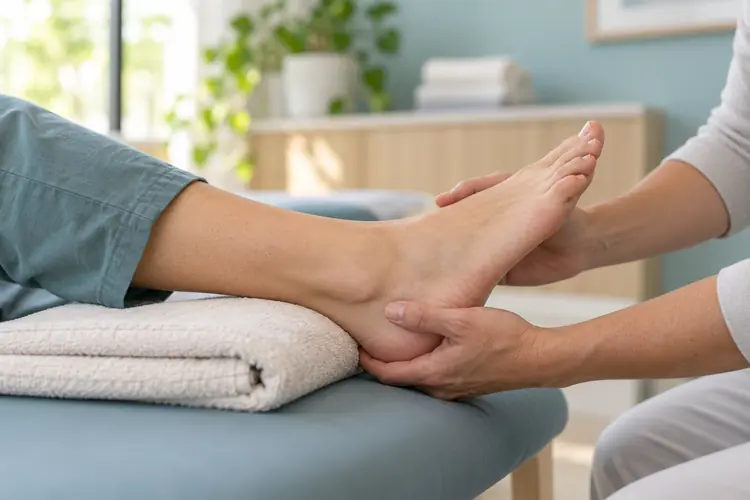 Illustration of a physiotherapist supporting a foot during an assessment.
