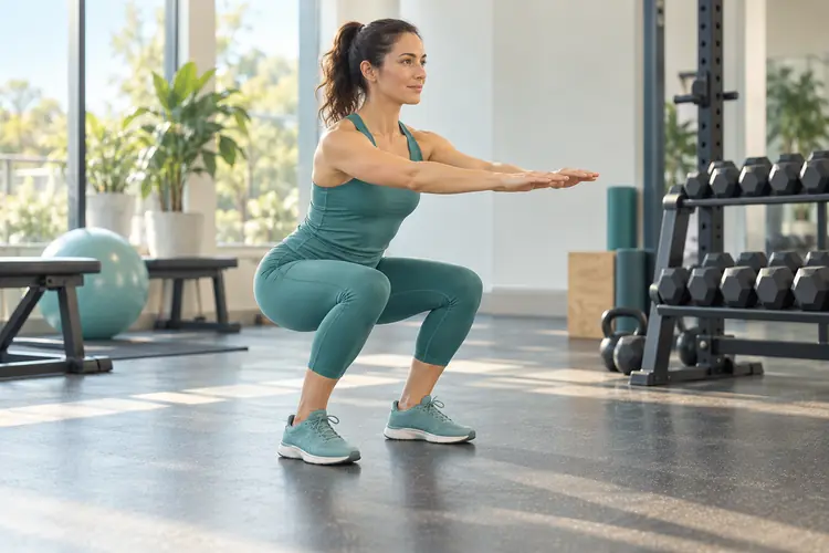 Illustration of an adult doing a controlled squat beside dumbbells in a gym.