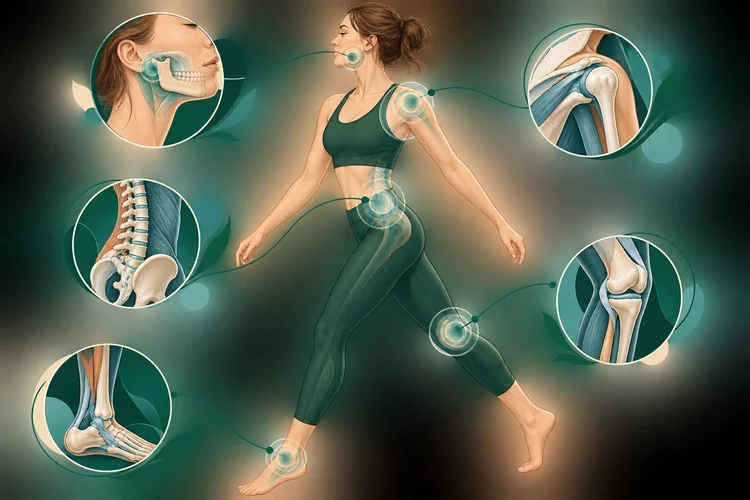 Illustration of the jaw, shoulder, back, knee and ankle as areas assessed in physiotherapy.