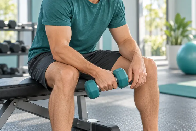 Illustration of a seated adult holding a dumbbell, showing the elbow, forearm and wrist.