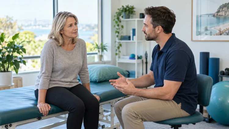 Illustration of a seated patient discussing dizziness and balance symptoms with a physiotherapist.